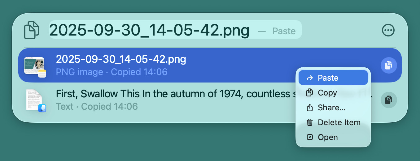 Pasting an item directly from the clipboard history on a Mac using the context menu