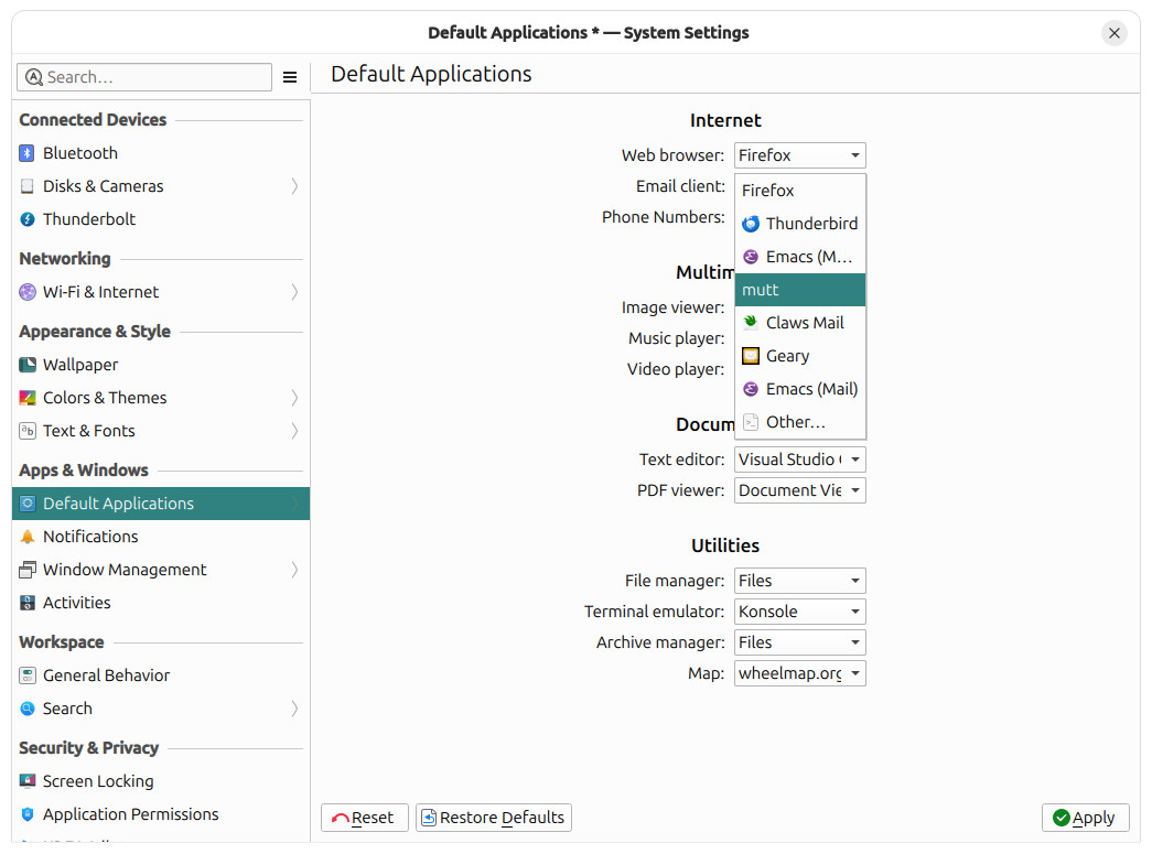 Setting the default email program on KDE Linux