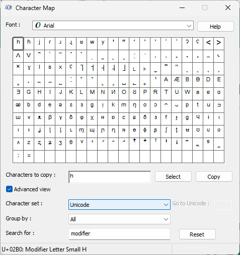 Superscript letters in Windows Character Map