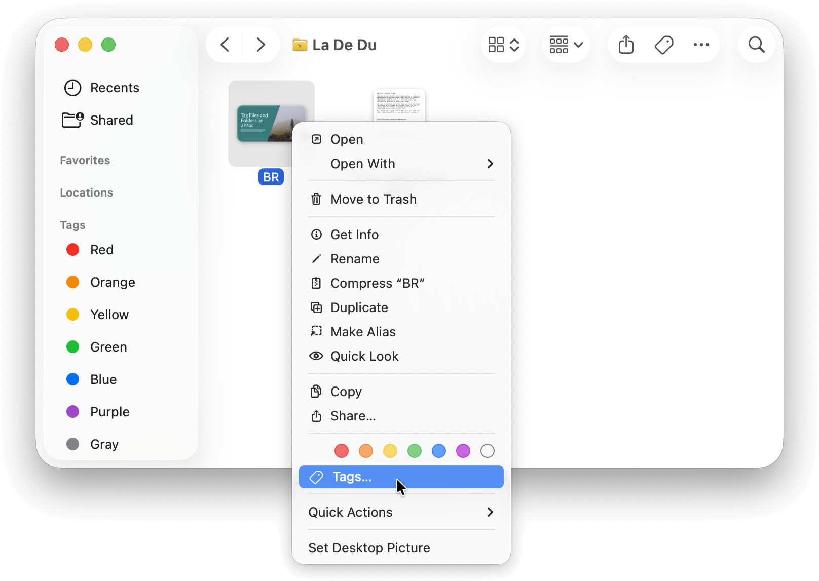 Choose a tag right in the Finder context menu or select “Tags…” to assign labels on a Mac