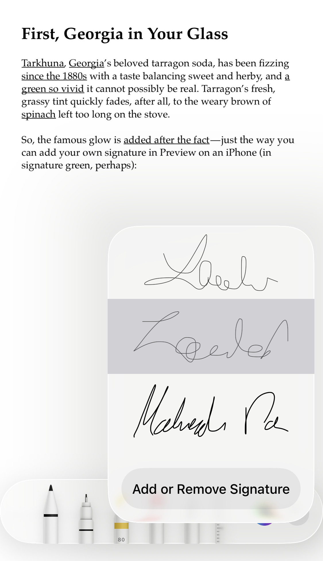 Select the handwritten signature you want to insert in Preview for iPhone