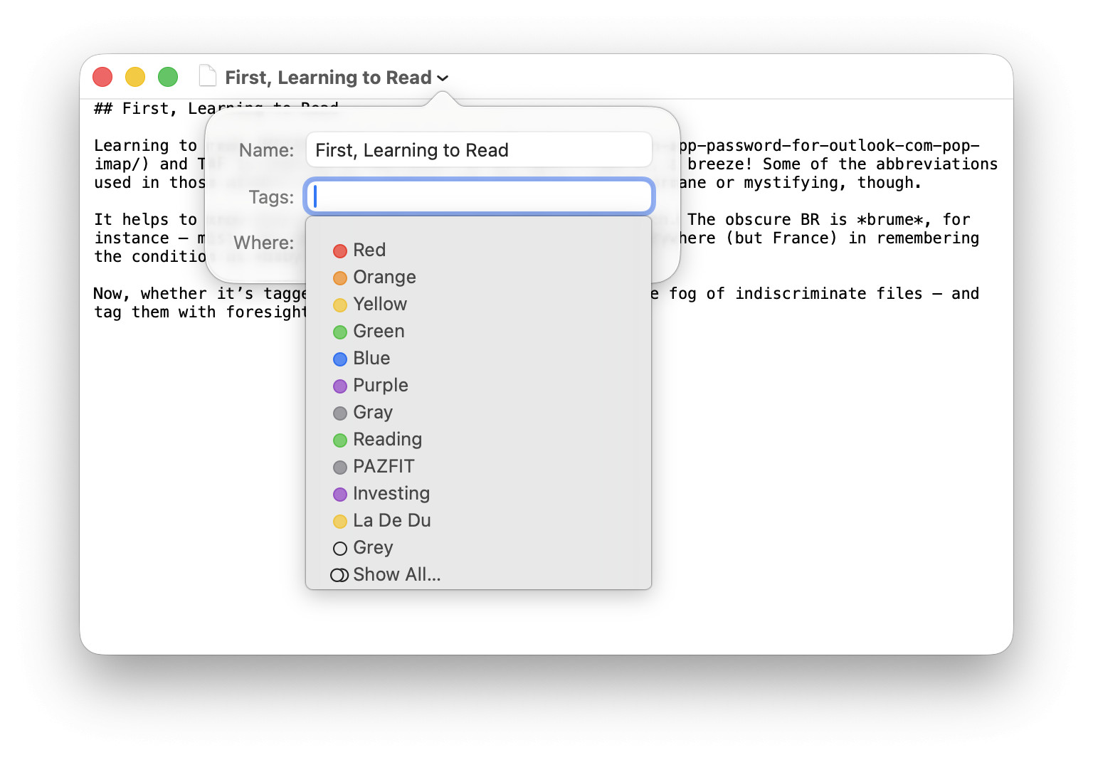 Tagging a file from the title bar on macOS