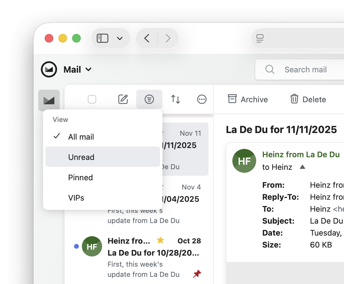Choose “Unread” in the “View” menu to quickly filter any folder’s email view in Fastmail