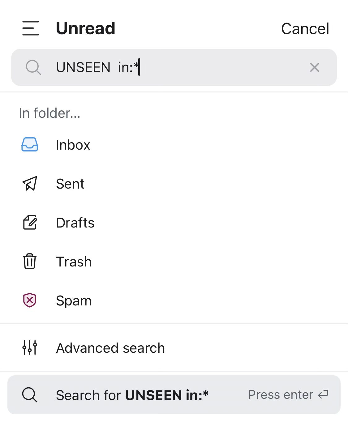 Making the Fastmail app display all unread emails across all folders