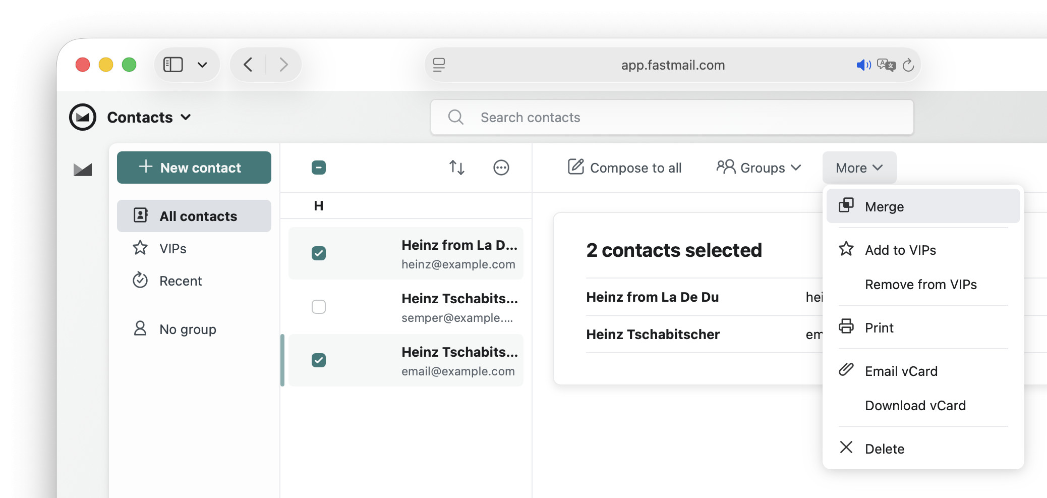 Merging contacts in Fastmail