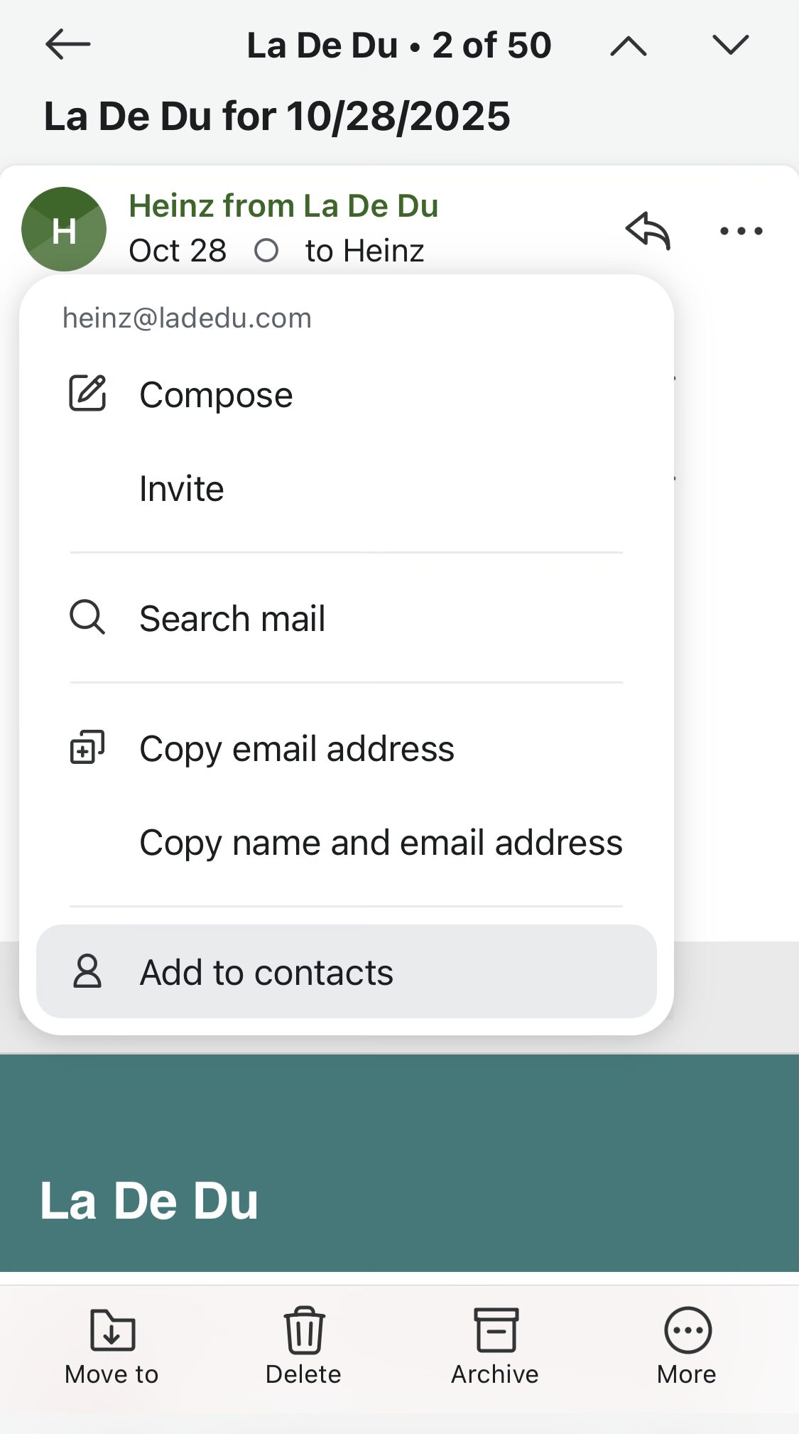 Select “Add to contacts” to create an address book entry for a sender in Fastmail on a mobile device