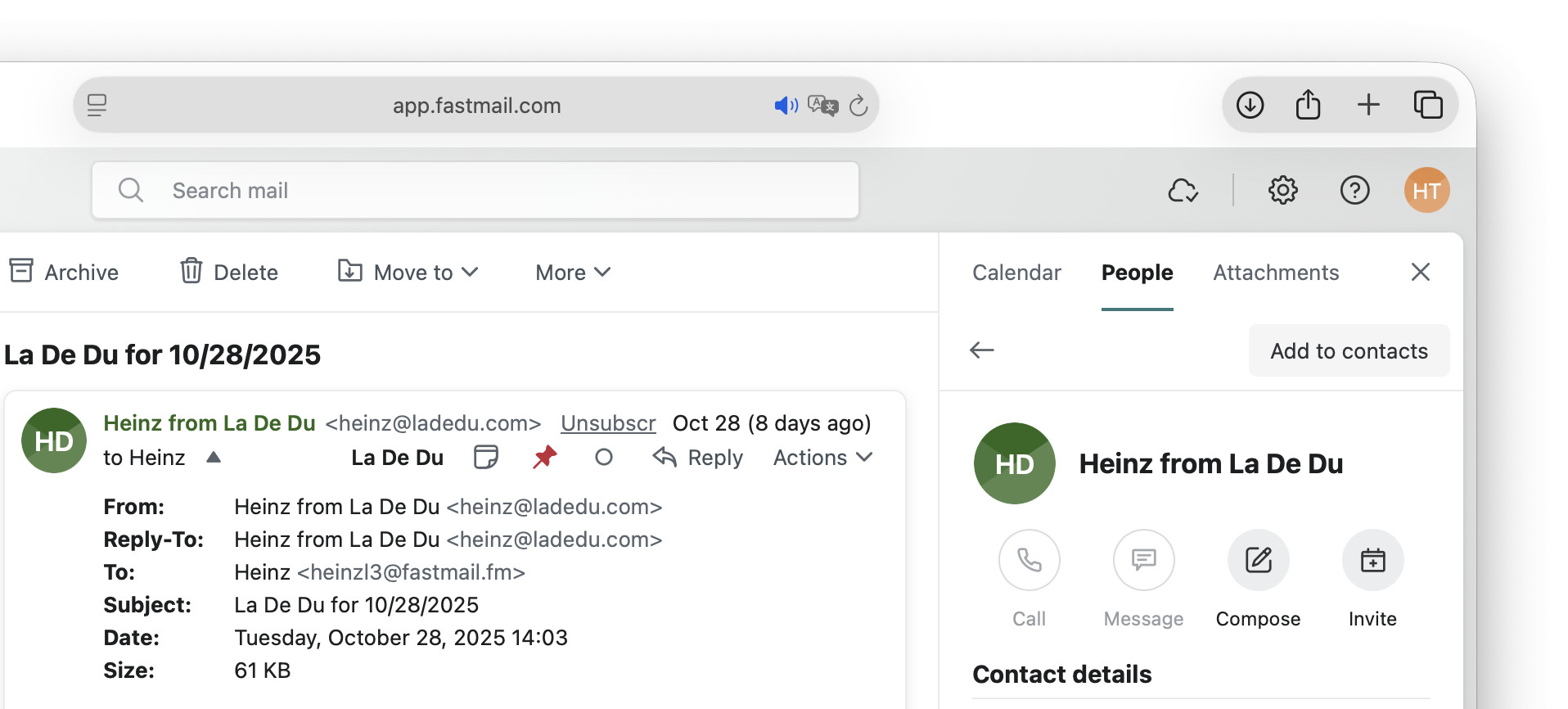 Select “Add to contacts“ to create an address book entry for a sender in Fastmail