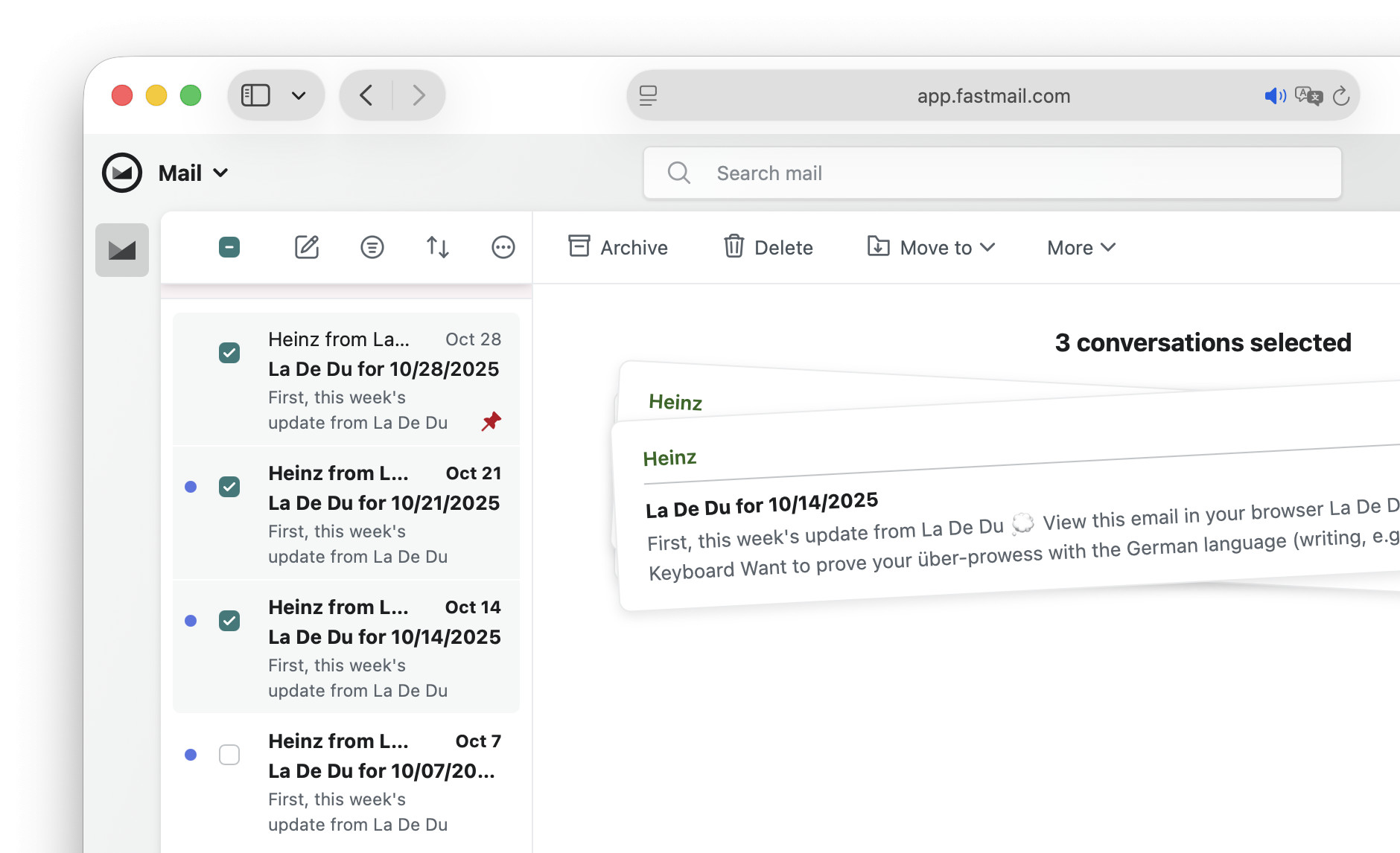 Selecting emails in Fastmail using the checkboxes