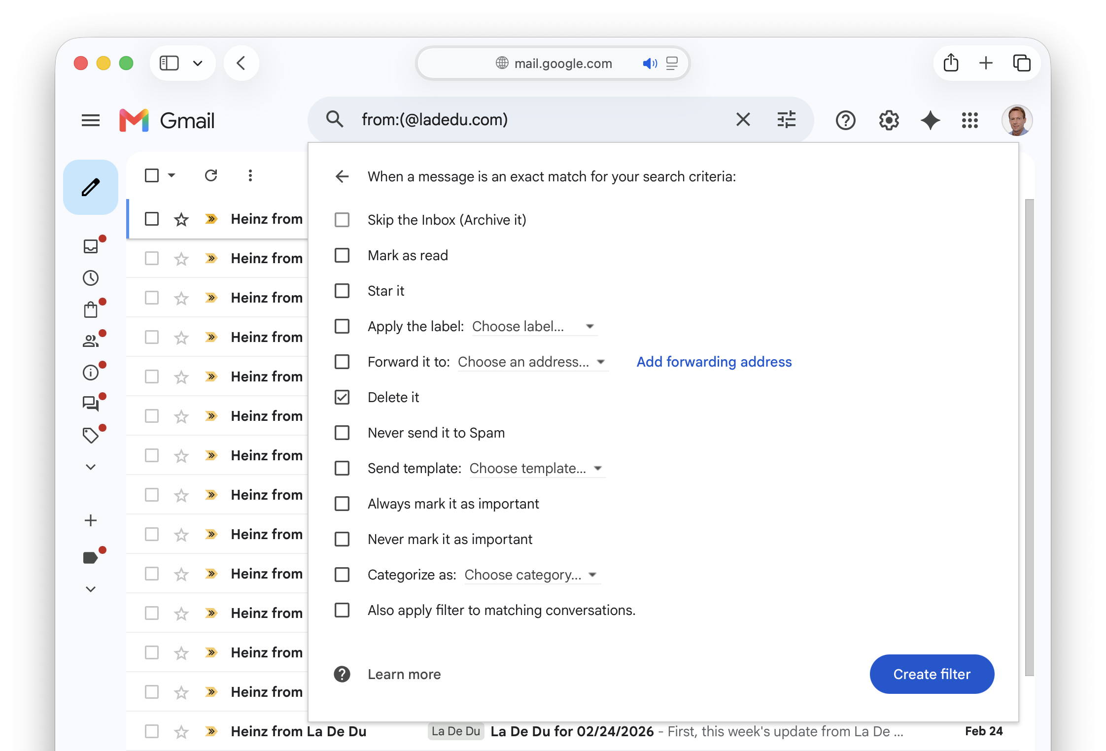 Setting up a filter that blocks all emails from a domain in Gmail