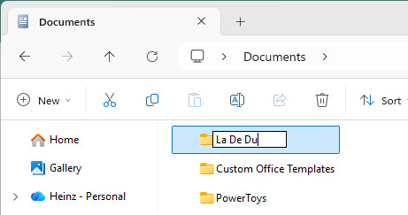 Type to enter a folder’s new name in Windows File Explorer