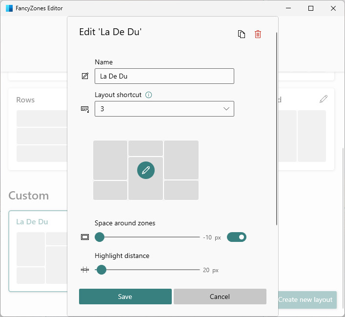 Change the padding around windows in FancyZones layout editor under “Space around zones”