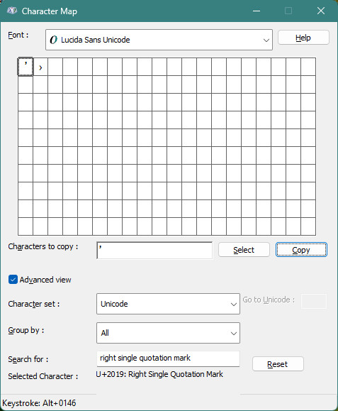 Click “Copy” to copy the curly apostrophe from Windows Charachter Map