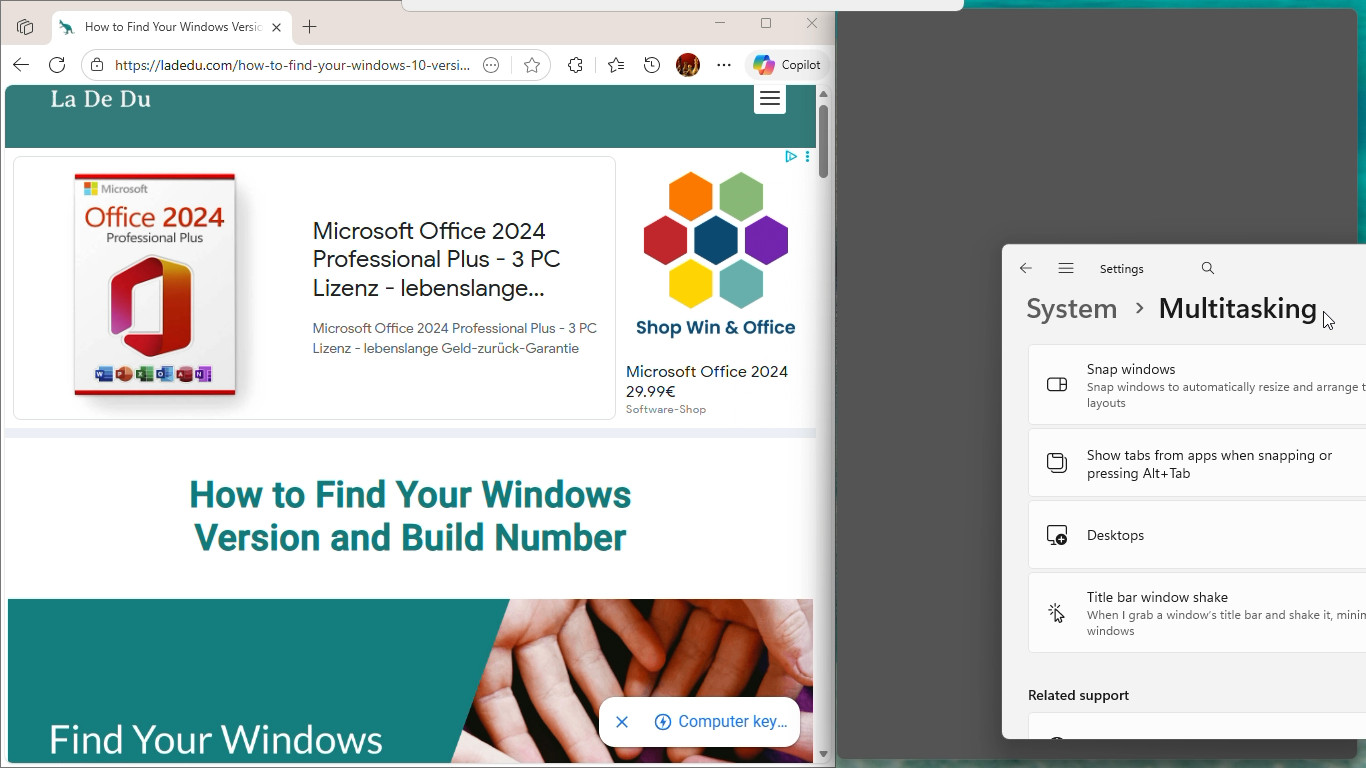Drag a window to an edge of the screen to snap it in position