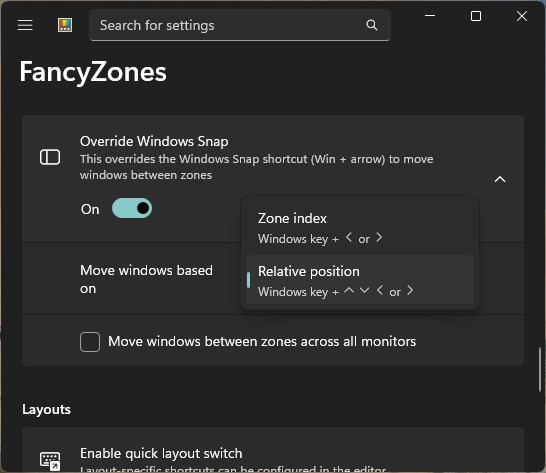 Select “Relative position” for moving windows and override Windows snap to stretch windows across FancyZones zones using the keyboard alone