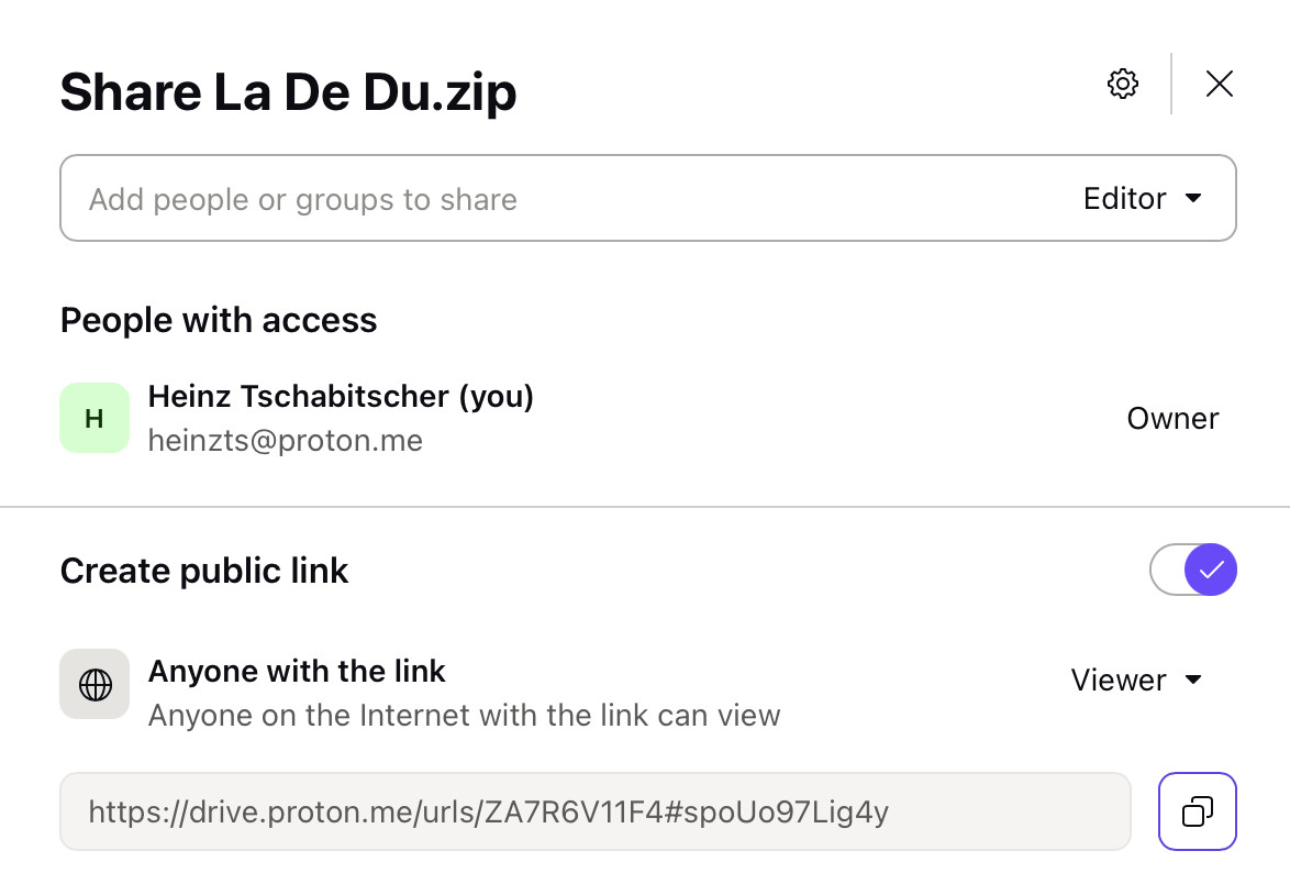 Turn on “Create public link” to share a file so anyone with the link can download it from Proton Drive