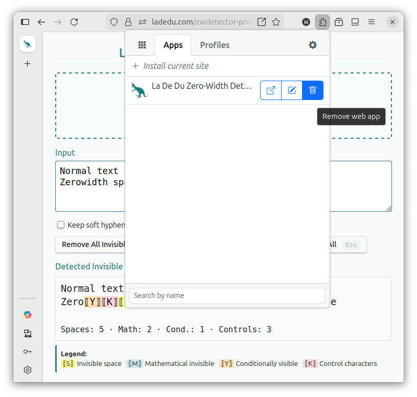 Click “Remove web app” to delsste an app installed in Firefox using Progressive Web Apps