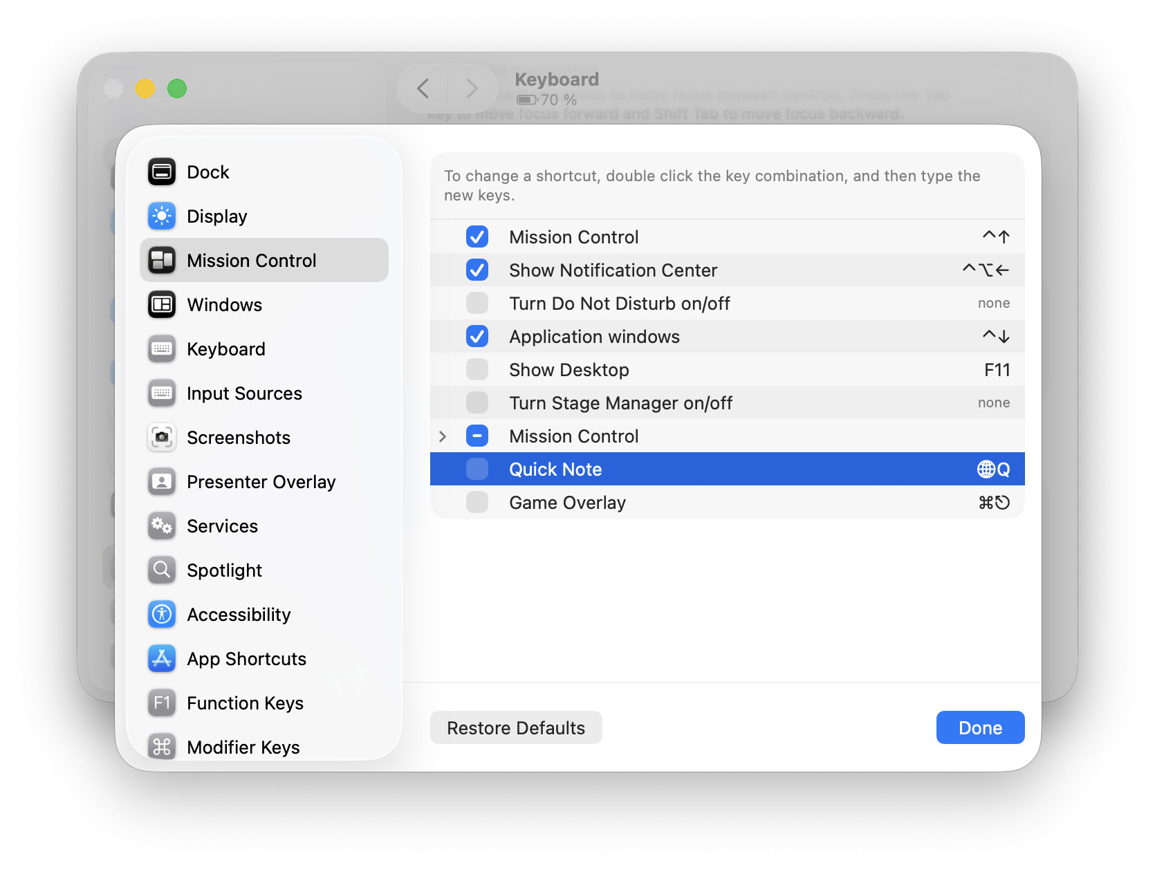Disabling the “Quick Note” keyboard shortcut on a mac