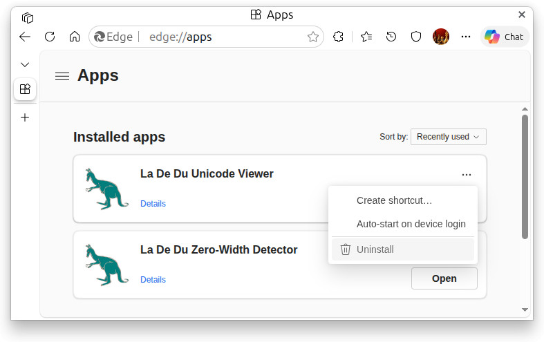 Select “Uninstall” to remove a web app installed with MS Edge