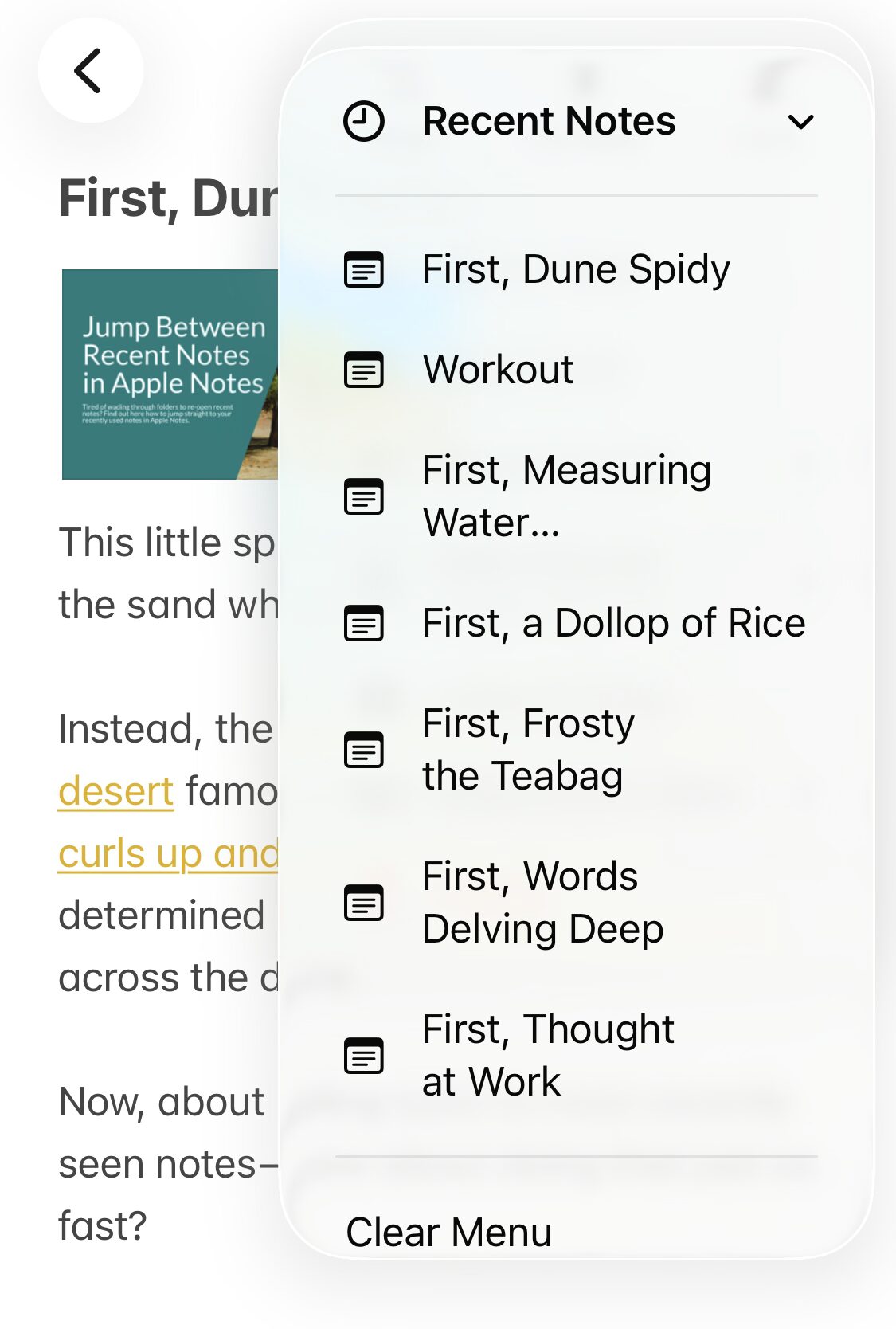 Accessing recently opened notes fast in Apple Notes for iPhone