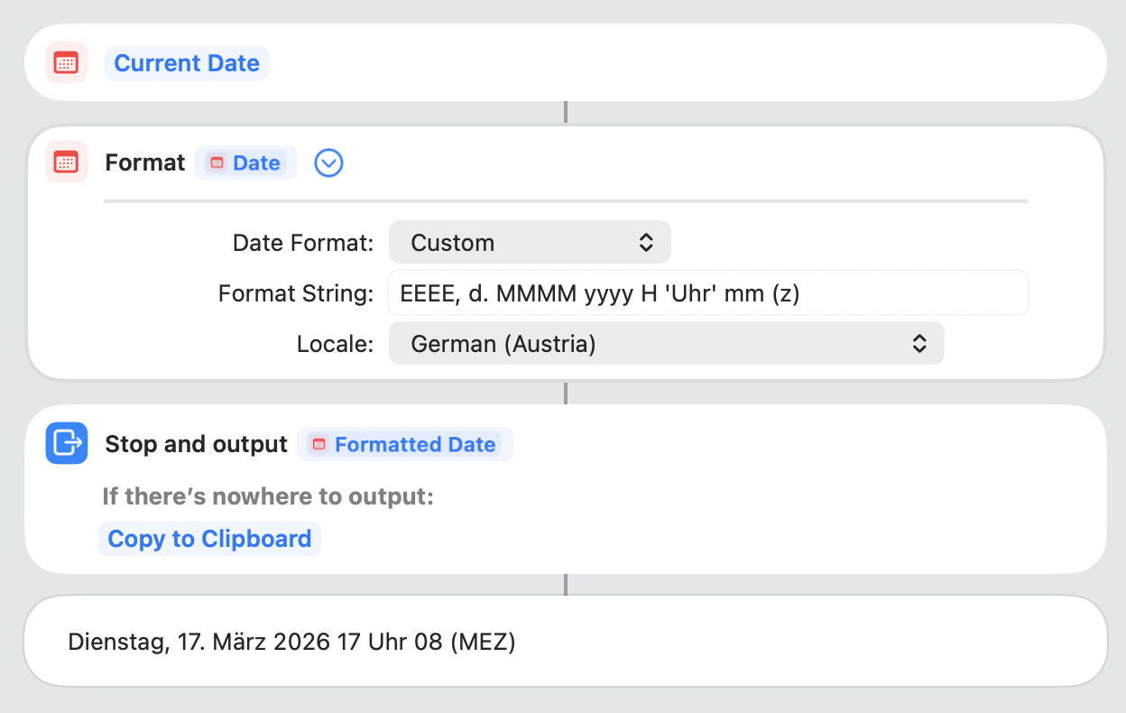 Choosing a custom language and format for date and time in Shortcuts