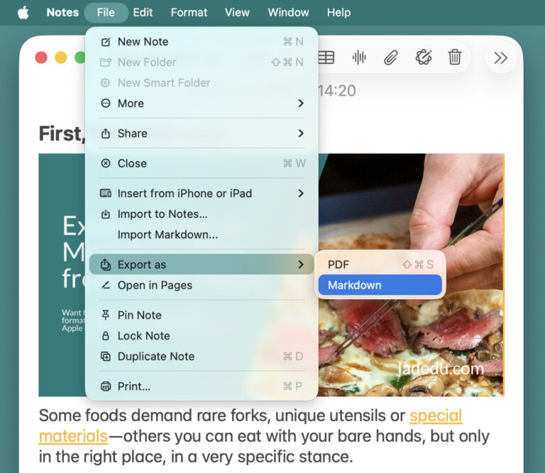 Exporting a note to a Markdown file in Apple Notes for Mac