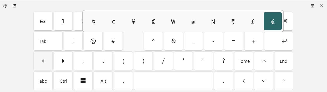 Inserting the Euro symbol with the Windows touch keyboard