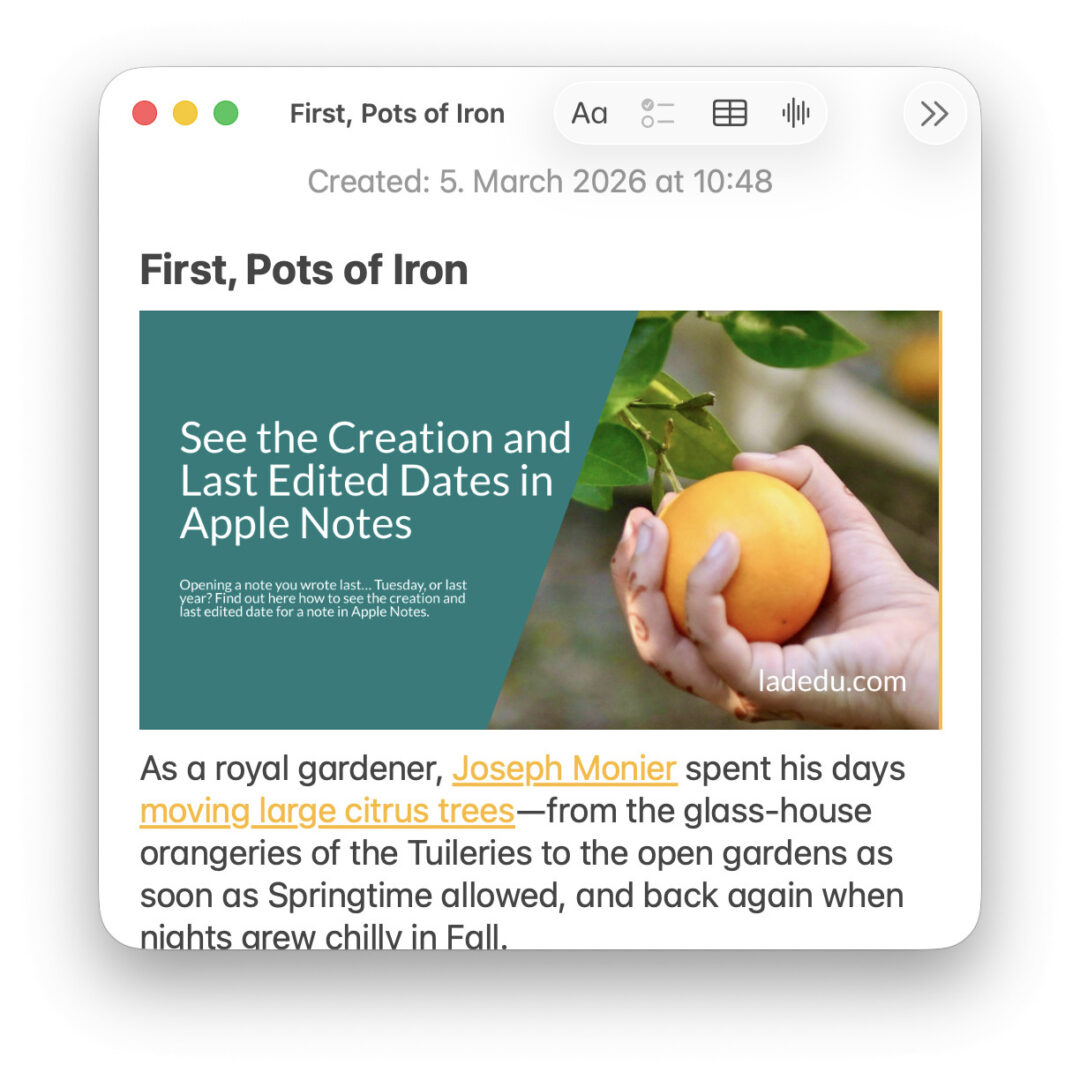 Seeing the creating date and time for a note in Apple Notes for Mac