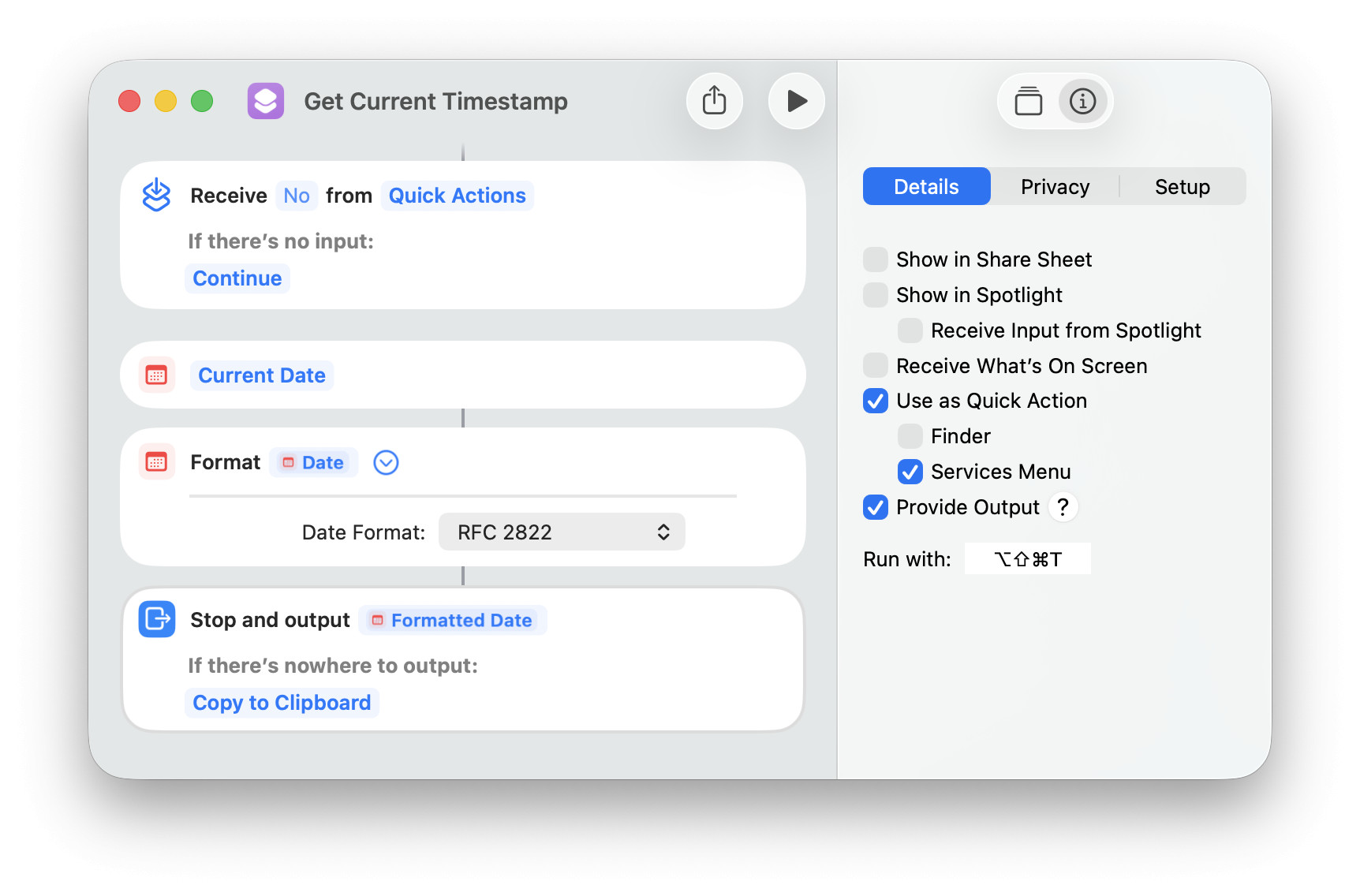 Setting up a Shortcuts Quick Action for inserting the current date and timestamp on macOS