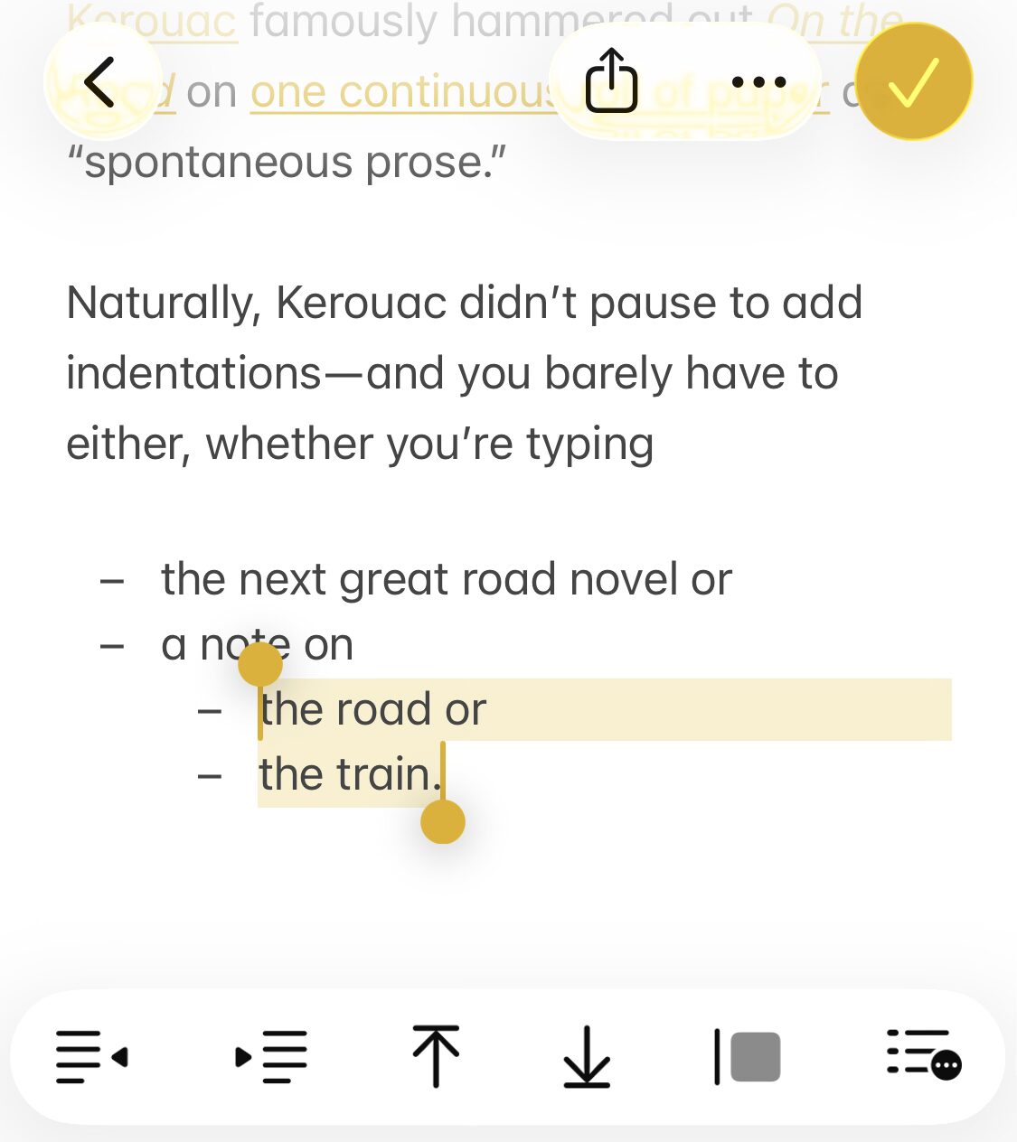Changing indentation for multiple list items in Apple Notes for iPhone