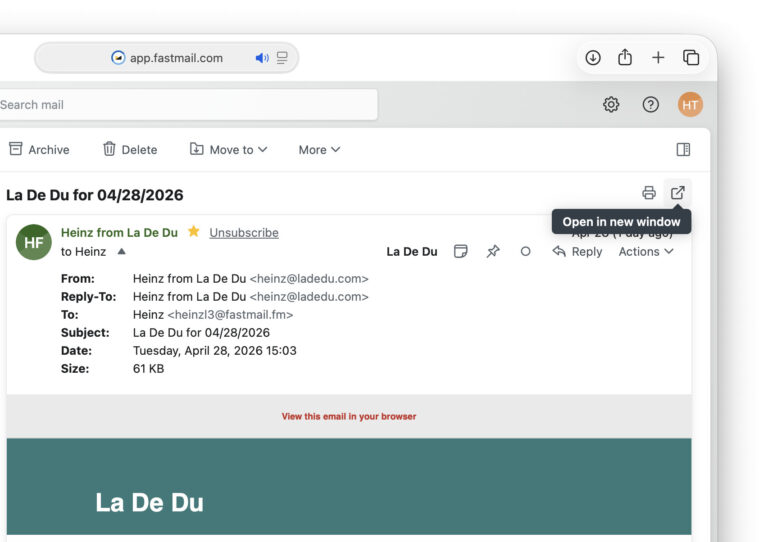 Click “Open in a new window” to pop an email out to its own Fastmail browser window