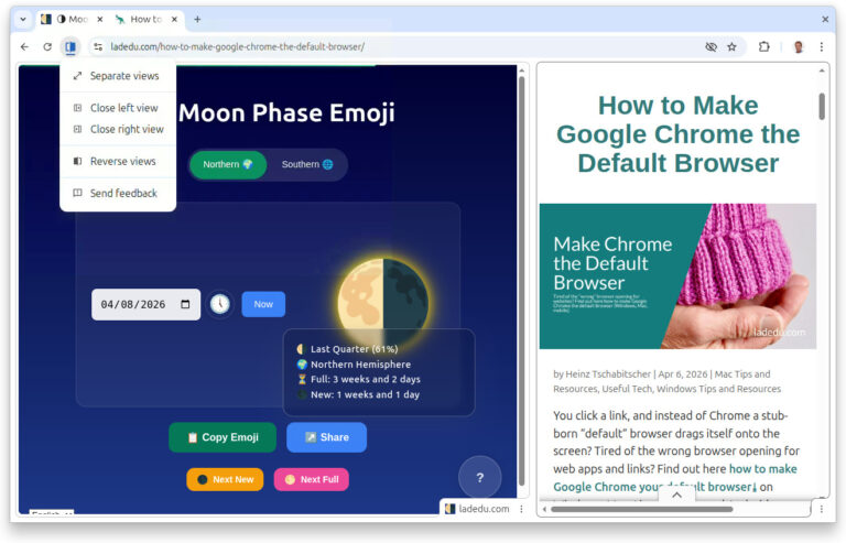 Google Chrome showing two pages side by side in the same browser tab with split view