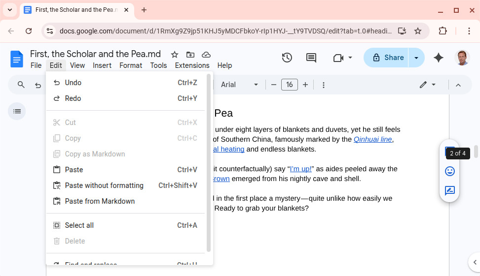 Select “Paste from Markdown” to paste text with Markdown formatting in Google Docs