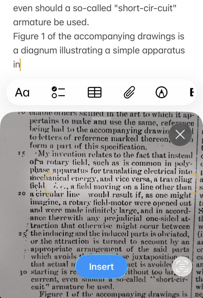 Tap “Insert” to insert the text highlighted and marked with a yellow outline in Apple Notes