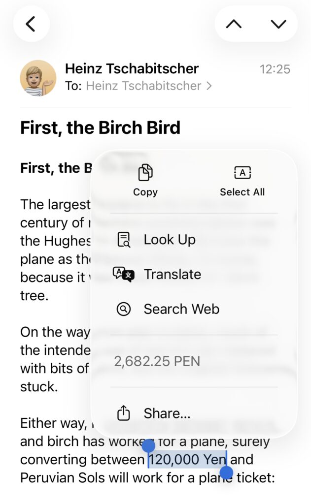 Convert currencies instantly using the iPhone context menu