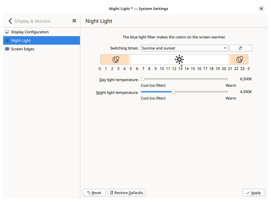 Picking Night Light settings for KDE Plasma