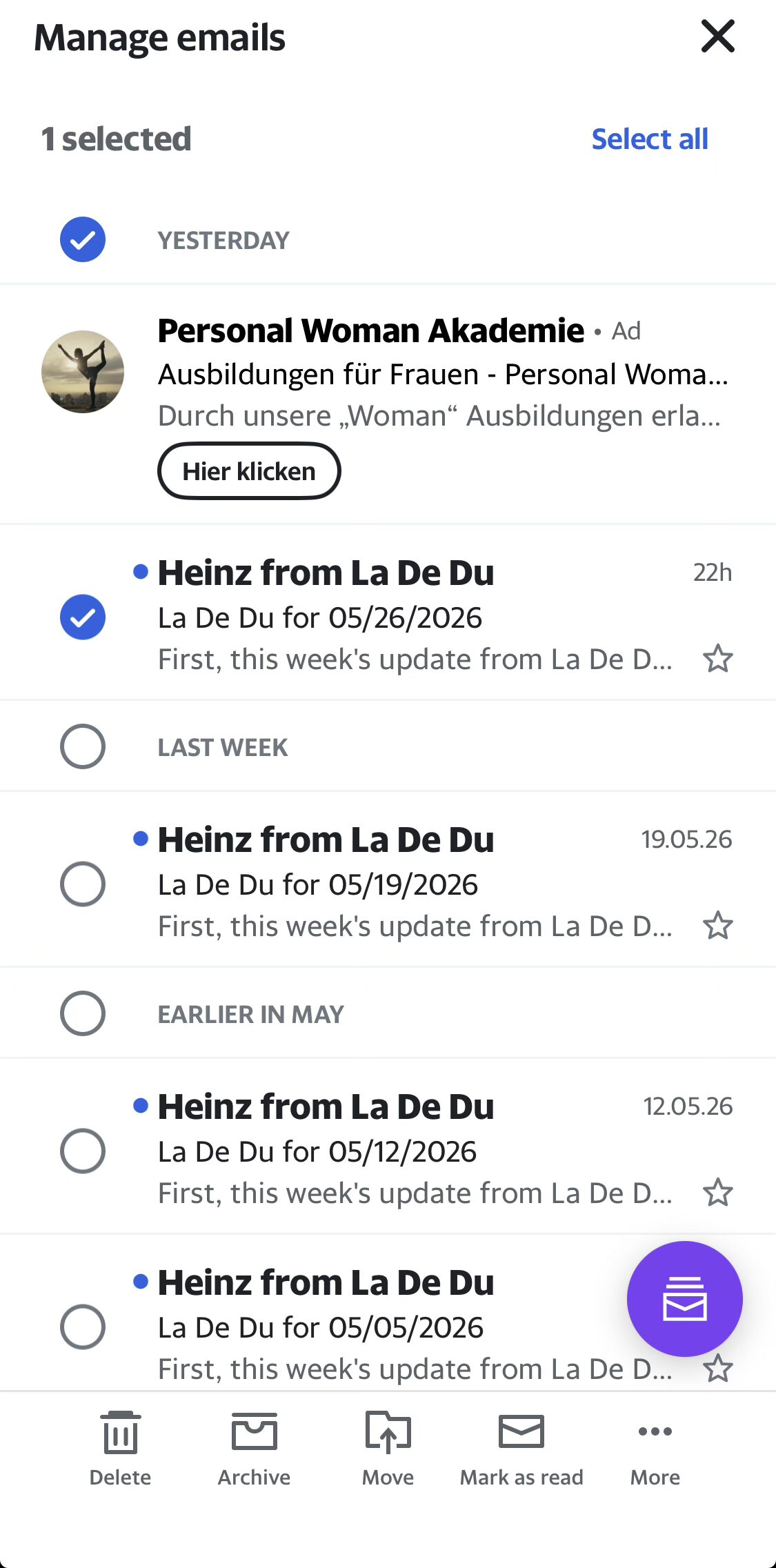 Tap “Select all” to select all emails in a folder using the Yahoo Mail app
