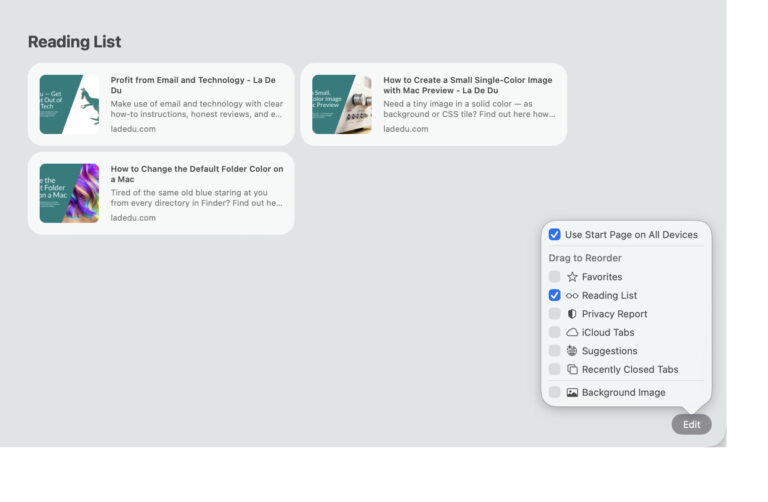 Turn off “Background Image” for a clean, uncluttered Safari Start Page