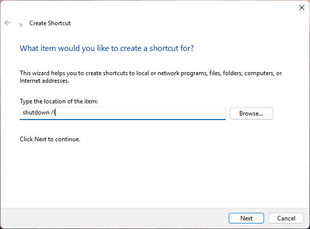 Use “shutdown :l” to set up a log-out shortcut on the Windows desktop