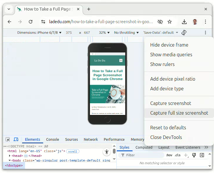 Capture the full page using mobile view in Chrome developer tools on the desktop