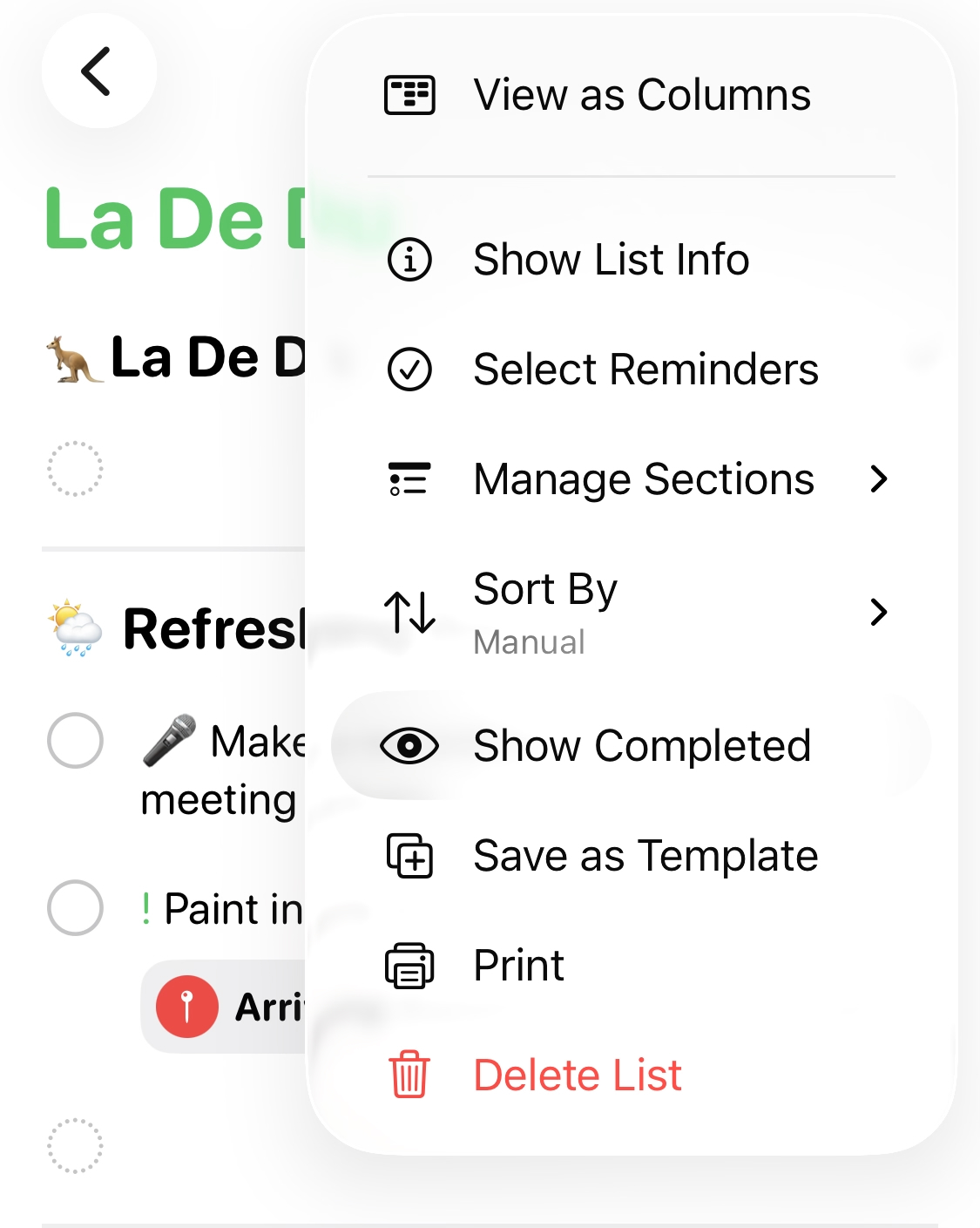Selct “Show Completed” from the menu to see done tasks for a list in Apple Reminders for iOS