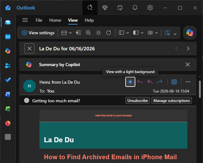 Switching to light mode for reading an email in New Outlook