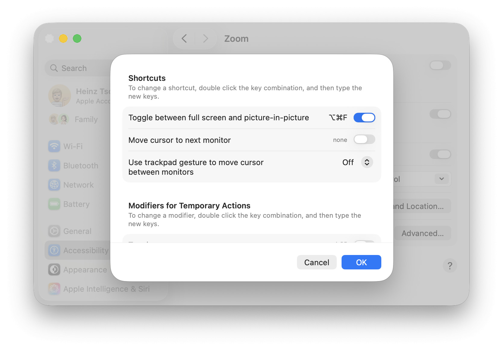 Add a keyboard shortcut for switching between zooming the whole screen on a Mac and using a magnifying glass
