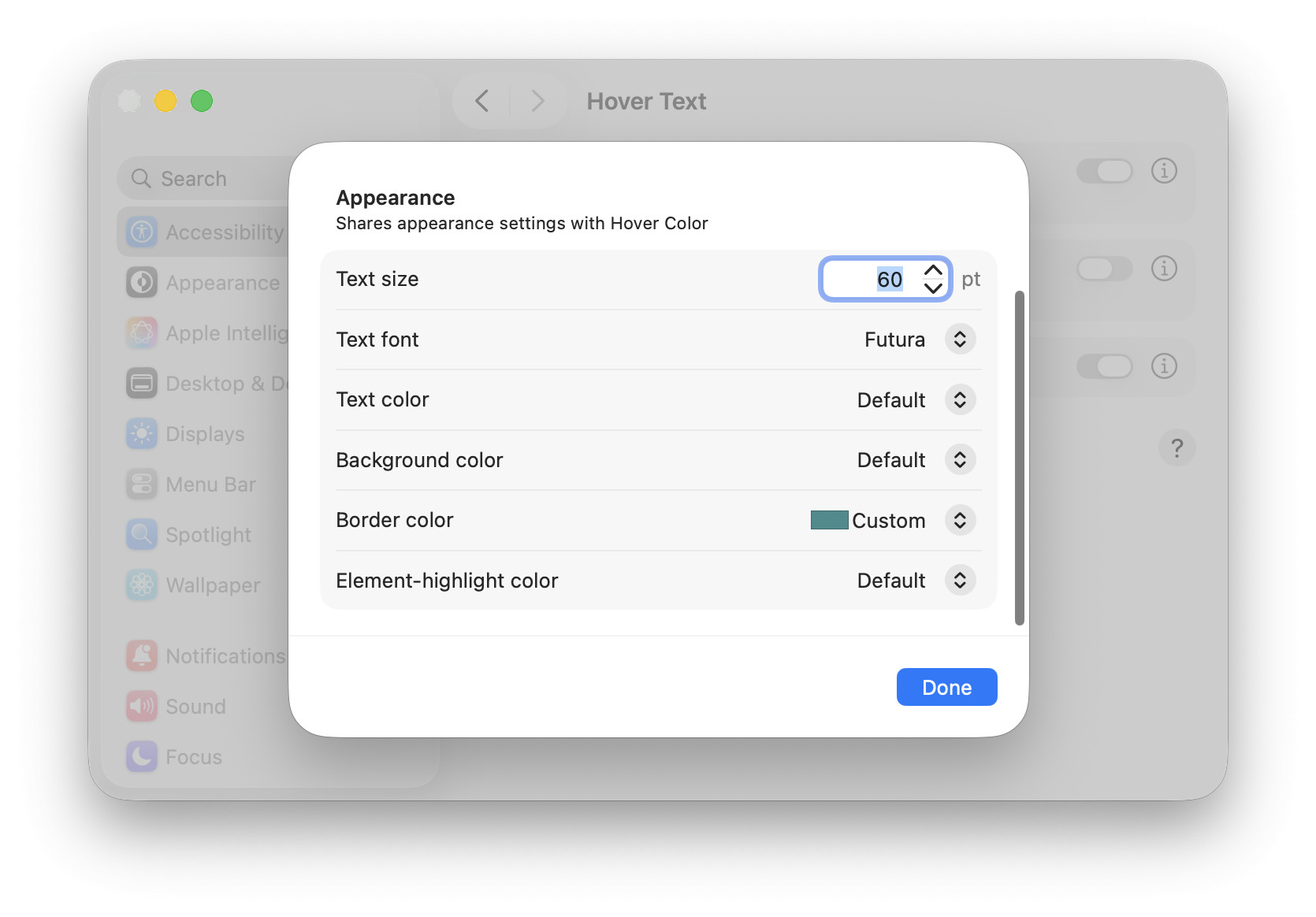 Change the typeface, position and stylig of the enlarged hover text window in Mac System Settings