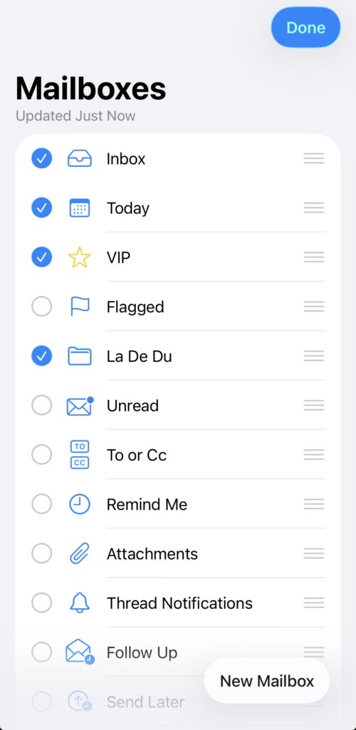 Check all folders you want to be able to access as favorites on the Apple Mail for iPhone “Mailboxes” page
