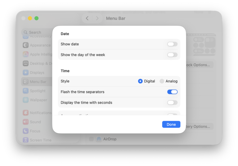 Choosing between digital and analog clocks for the macOS menu bar on a Mac