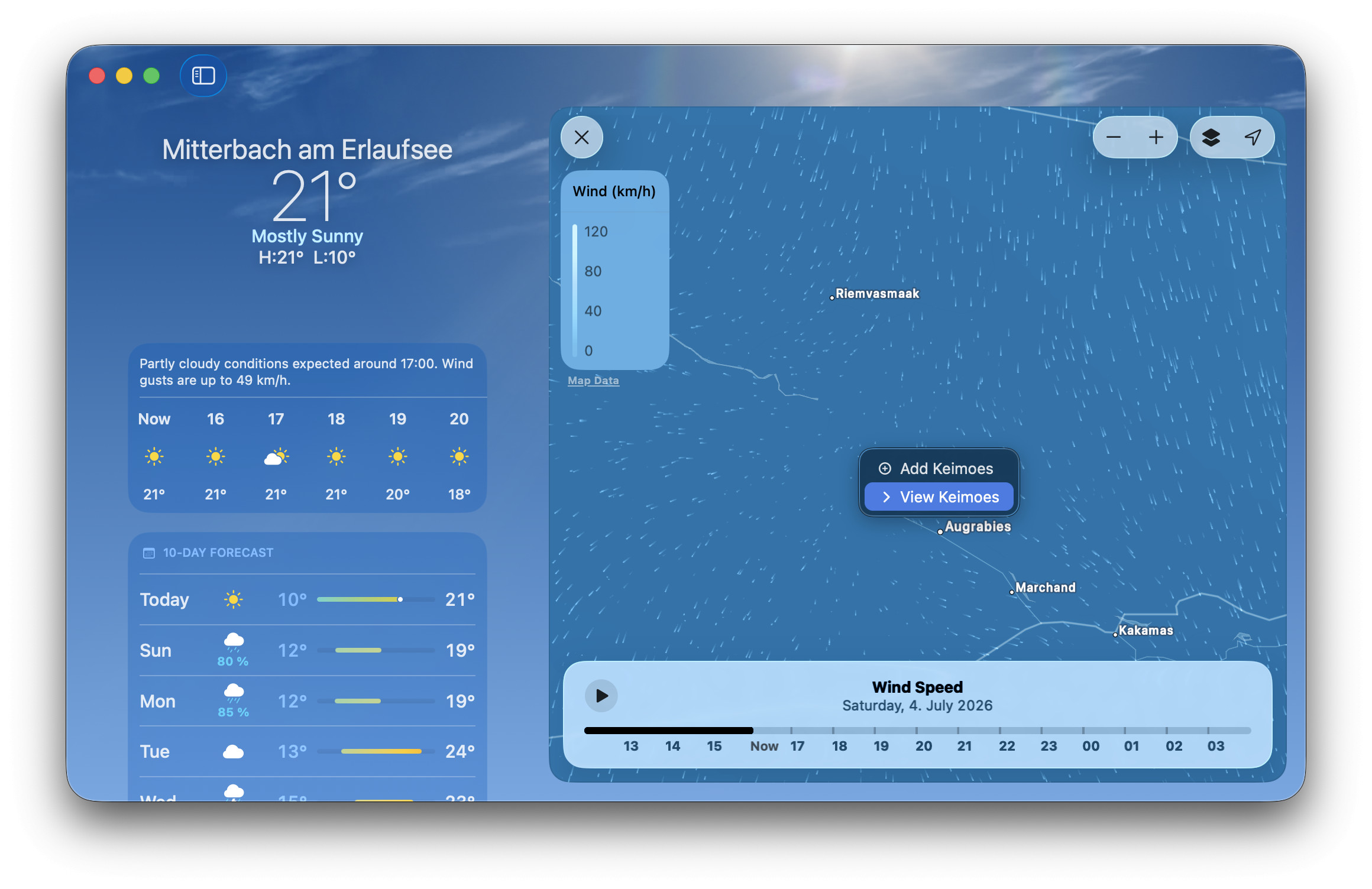 Right-click on a map in Apple Weather for Mac to view or add a location