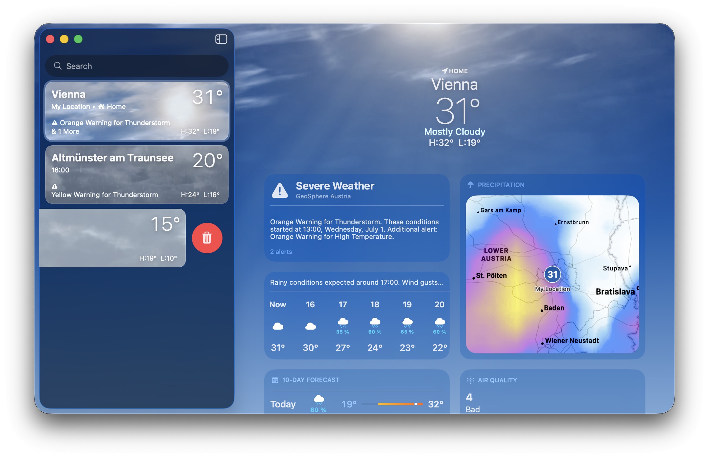 Swipe across a saved location in Apple Weather for Mac to remove it