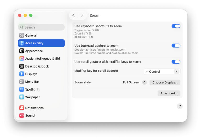 Turning on full screen zoom on a Mac