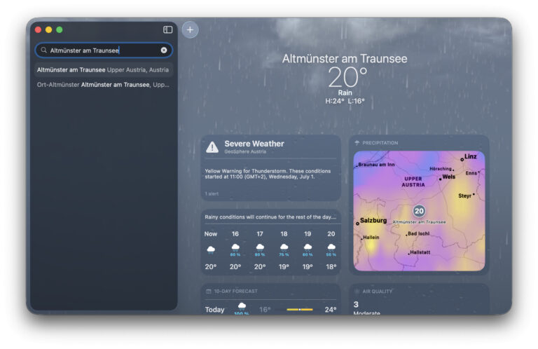 Use the search bar to find a location and its weather conditions in Apple Weather for macOS