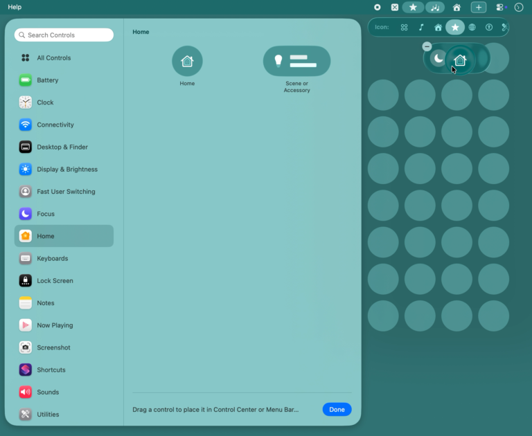 Choose an icon for the custom Mac Control Center sheet and add items as needed
